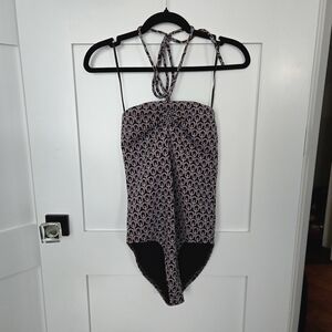 NWT Zara Halter Bodysuit With Mod Pattern Center Tie And Rouching